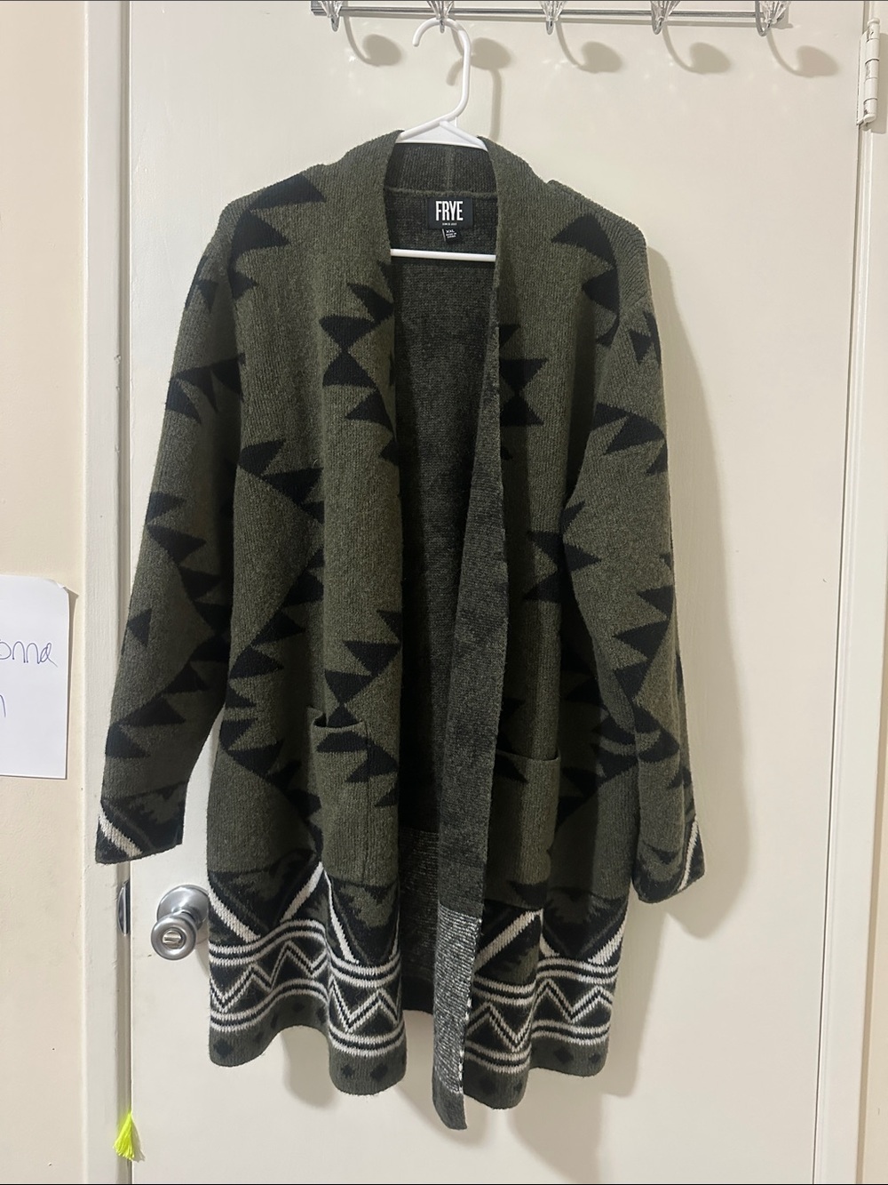 Frye Olive, Black & Cream Aztec Knit Open Cardigan